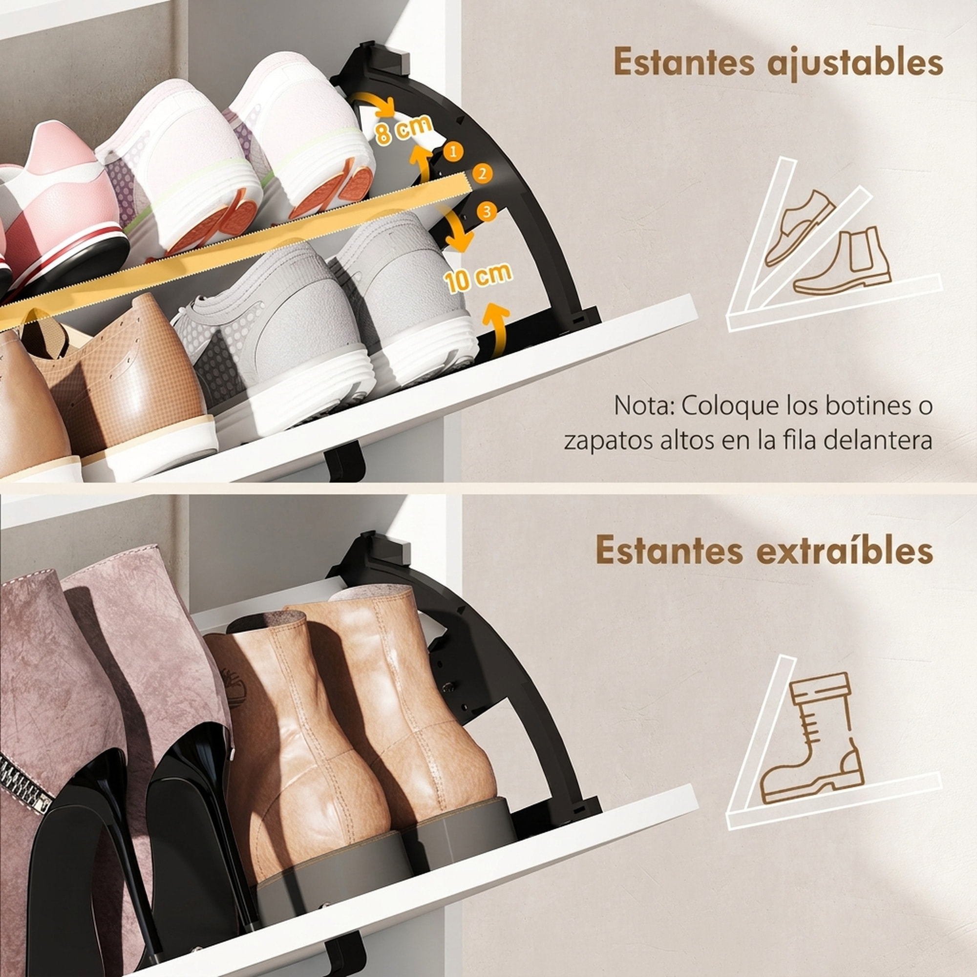 Zapatero Estrecho 2 Puertas, Mueble Zapatero con 3 Estantes Laterales y Estantes Ajustables, para 15 Pares de Zapatos, para Pasillo, Entrada, Espacio Reducido, 83x24x90,5 cm, Blanco