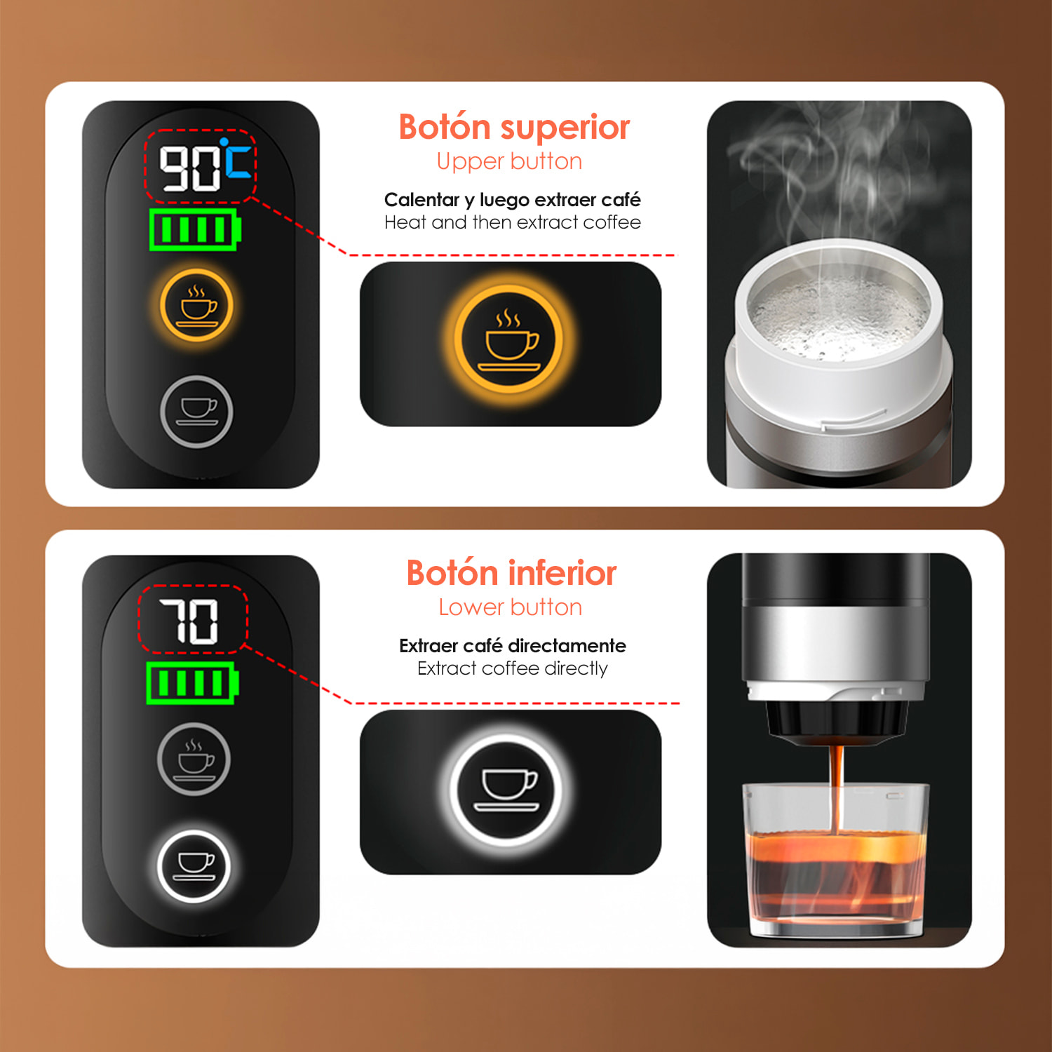 Cafetera portátil de cápsulas KF-JN-03, con dos baterías extraíbles de 7500mAh. Compatible con cápsulas y café molido.