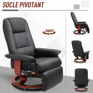 Fauteuil relax inclinable repose-pieds réglable pivotant 360° piètement bois revêtement PU noir