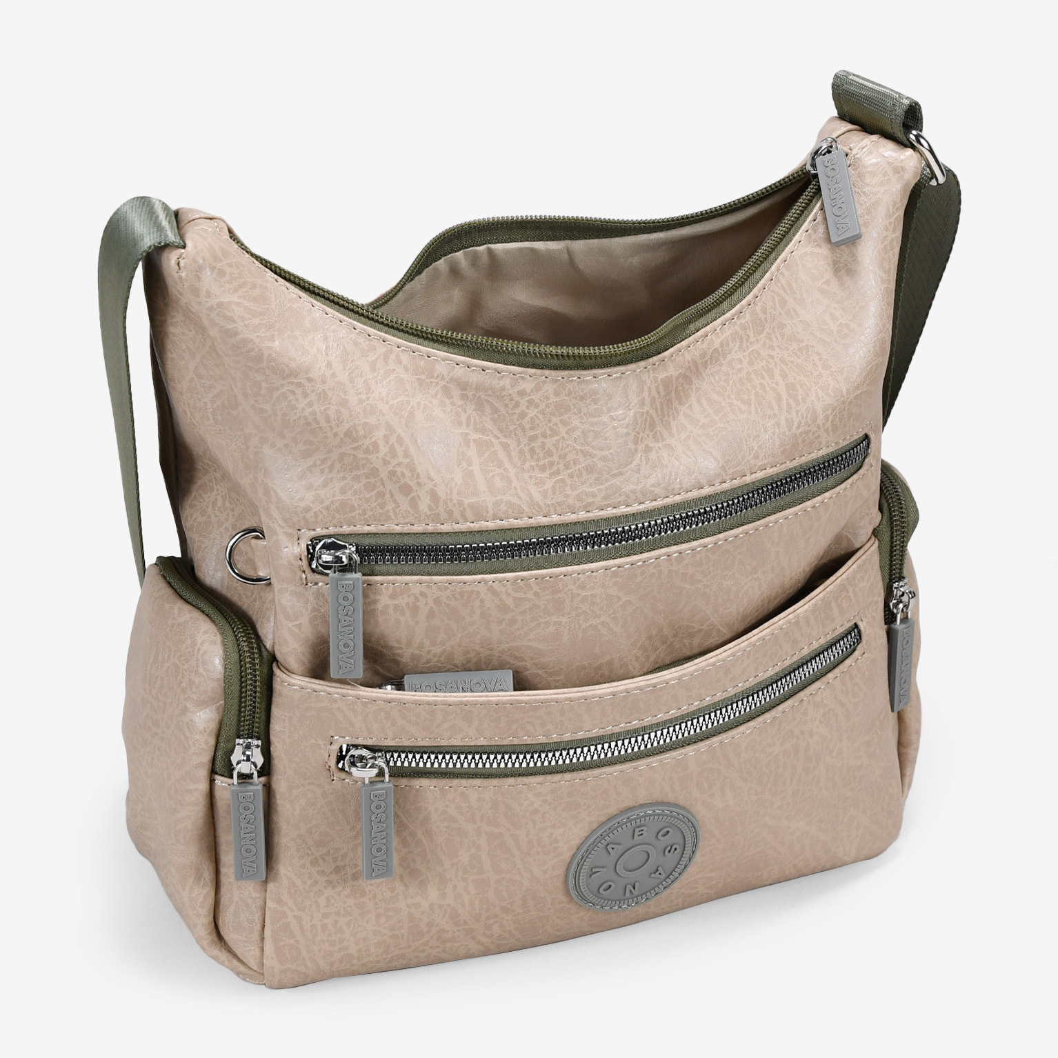 Bolso bandolera beige con cremalleras verdes