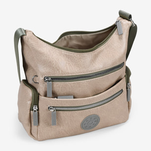 Bolso bandolera beige con cremalleras verdes