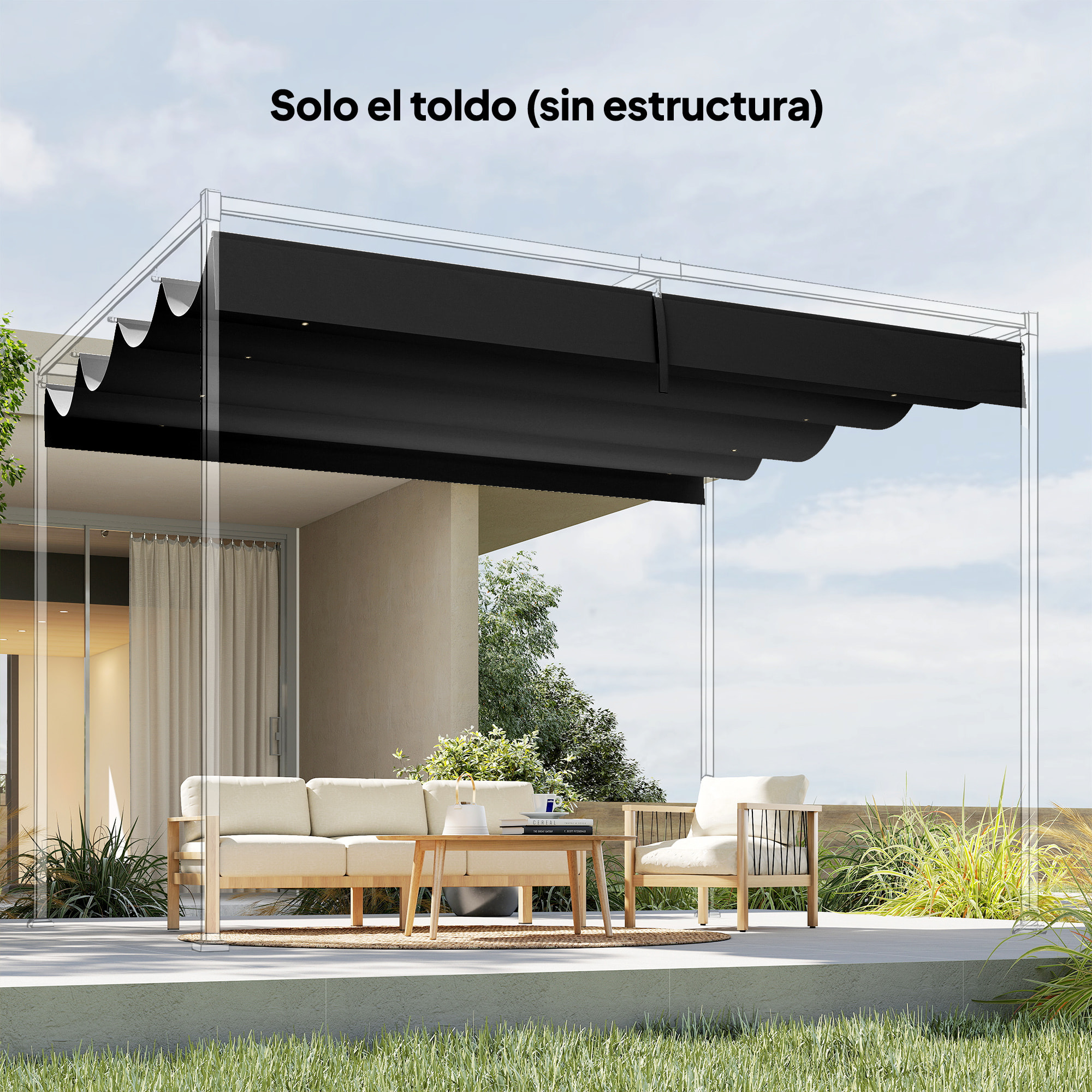 Techo de Pérgola 4 x 3,5 m, Techo de Repuesto Retráctil para Marco de Pérgola de 4x3 m, UV30+, Toldo de Tela Solo para Cenador Jardín con 8 Orificios de Drenaje, Gris Oscuro