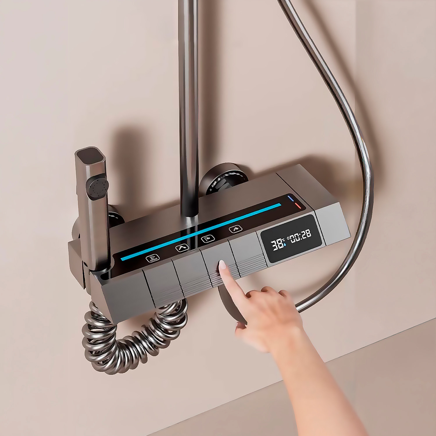 Juego de ducha completo 847 montado en pared. Con pantalla digital y múltiples modos de agua, con mezclador, iluminación ambiental y control preciso.