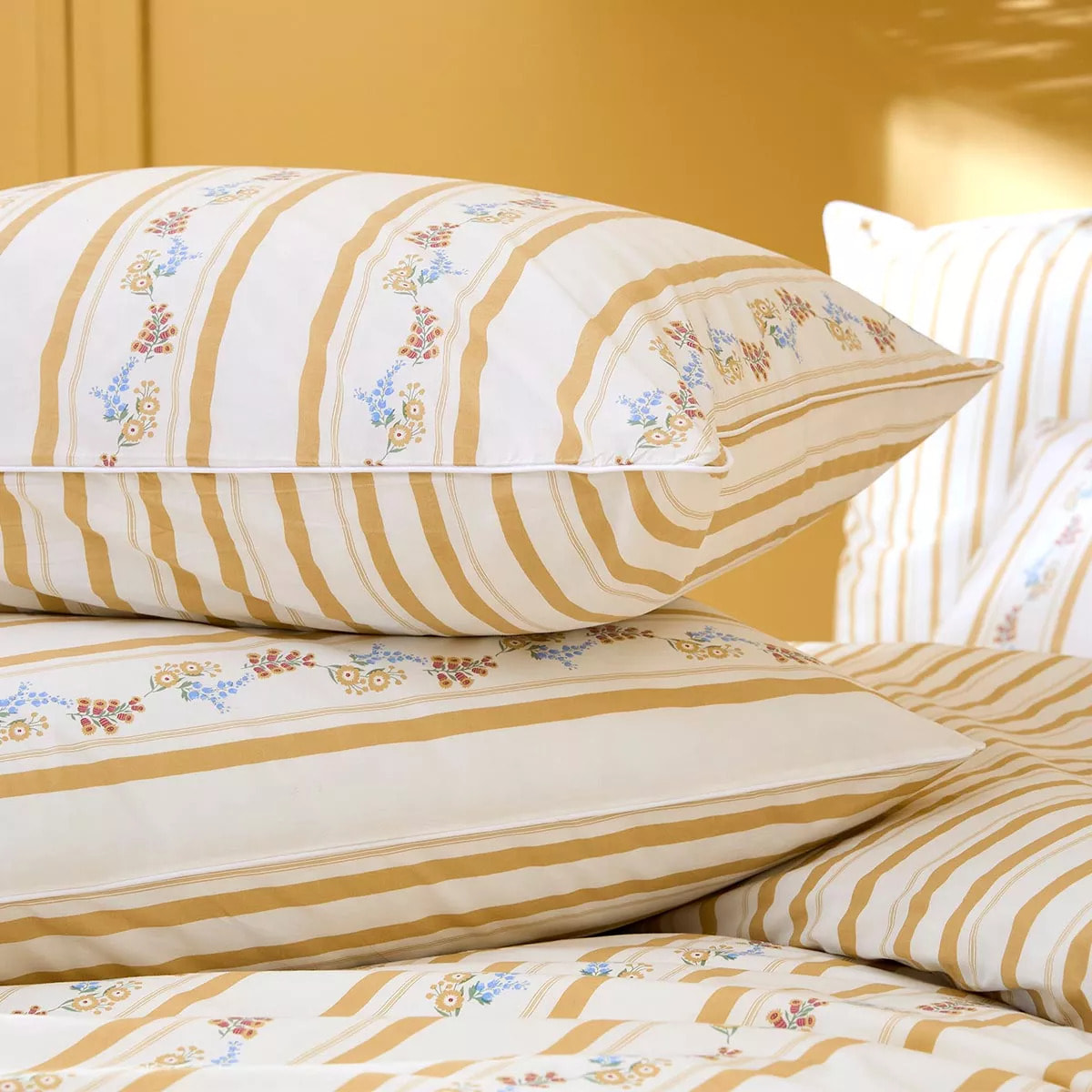 Lot h.couette +taies percale de coton lavé rayé jaune beige Honfleur paille