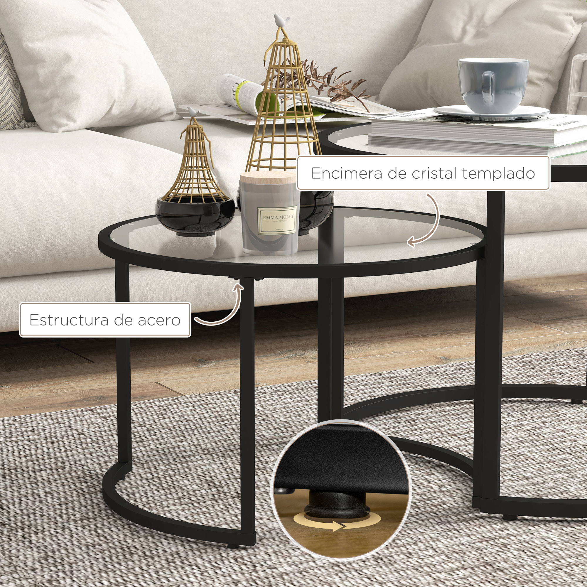 Juego de 2 Mesas Nido, Mesas de Centro para Salón Redondas, Tablero de Vidrio Templado y Marco de Acero, para Dormitorio y Oficina, Grande 70 cm, Pequeña 54 cm, Negro y Transparente