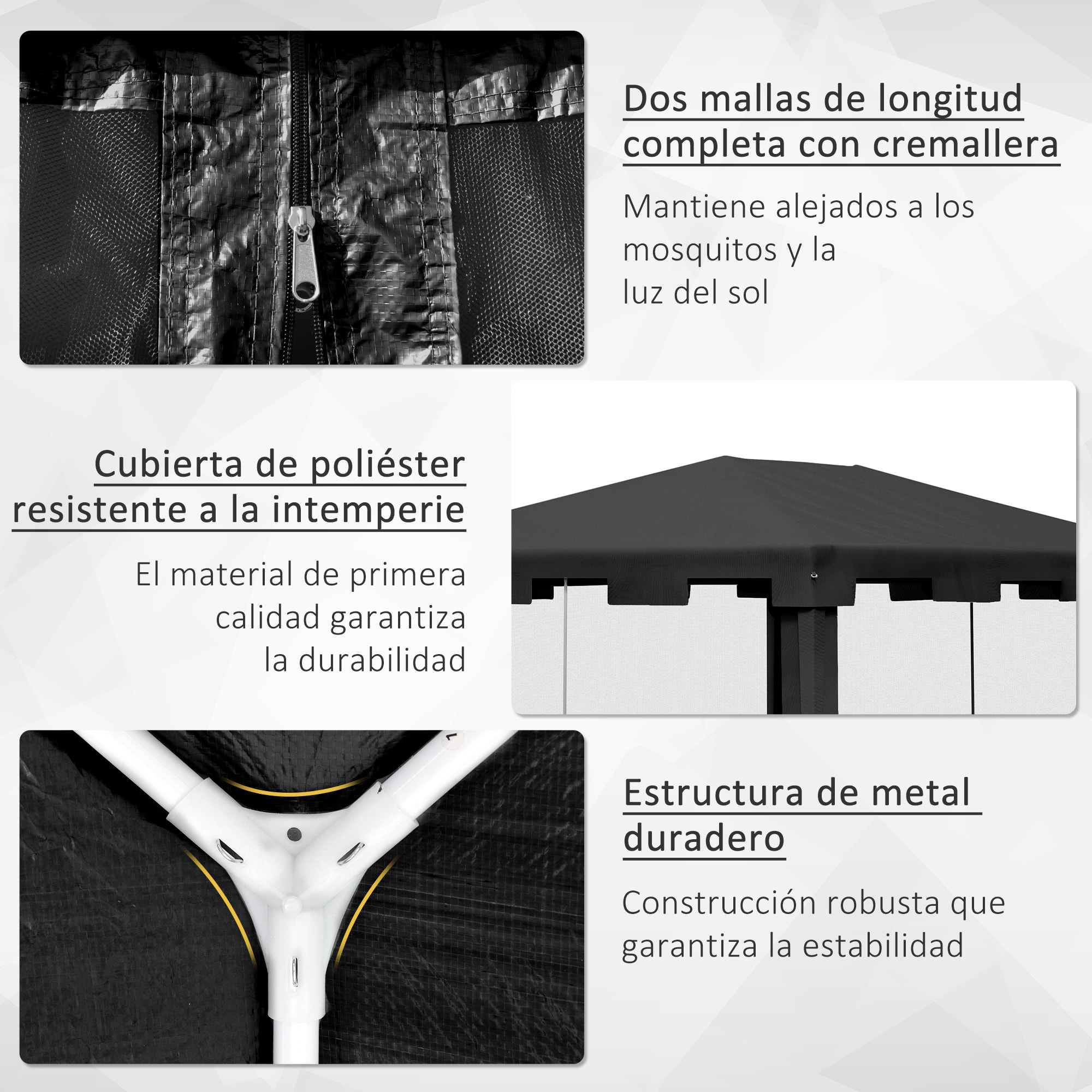Carpa de Jardín 4x3 m Cenador Desmontable Exterior con 4 Mosquiteras Laterales 2 Puertas con Cremallera y 8 Orificios de Drenaje para Terraza Patio Playa Gris Oscuro