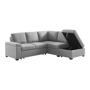 Canapé d'angle convertible. 3 places en tissu gris clair avec pouf