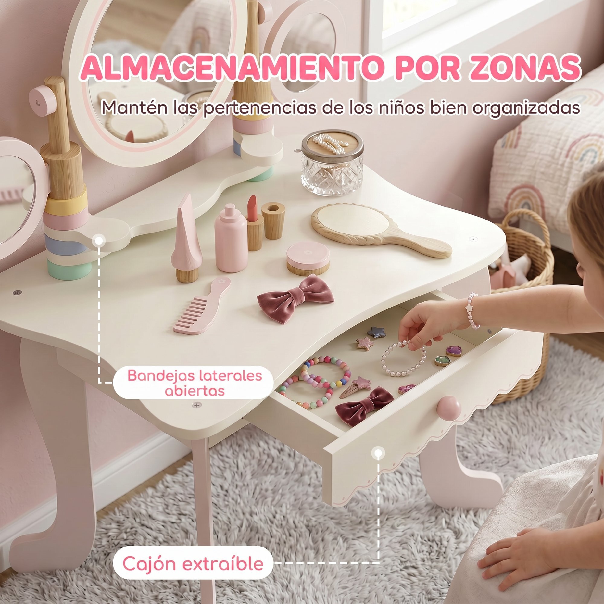 Tocador para Niñas, Tocador de Maquillaje Niñas con Taburete, Espejos Giratorios, Cajón, 6 Accesorios, Bandejas Laterales, Juguete para +3 Años, Rosa