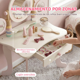 Tocador para Niñas, Tocador de Maquillaje Niñas con Taburete, Espejos Giratorios, Cajón, 6 Accesorios, Bandejas Laterales, Juguete para +3 Años, Rosa
