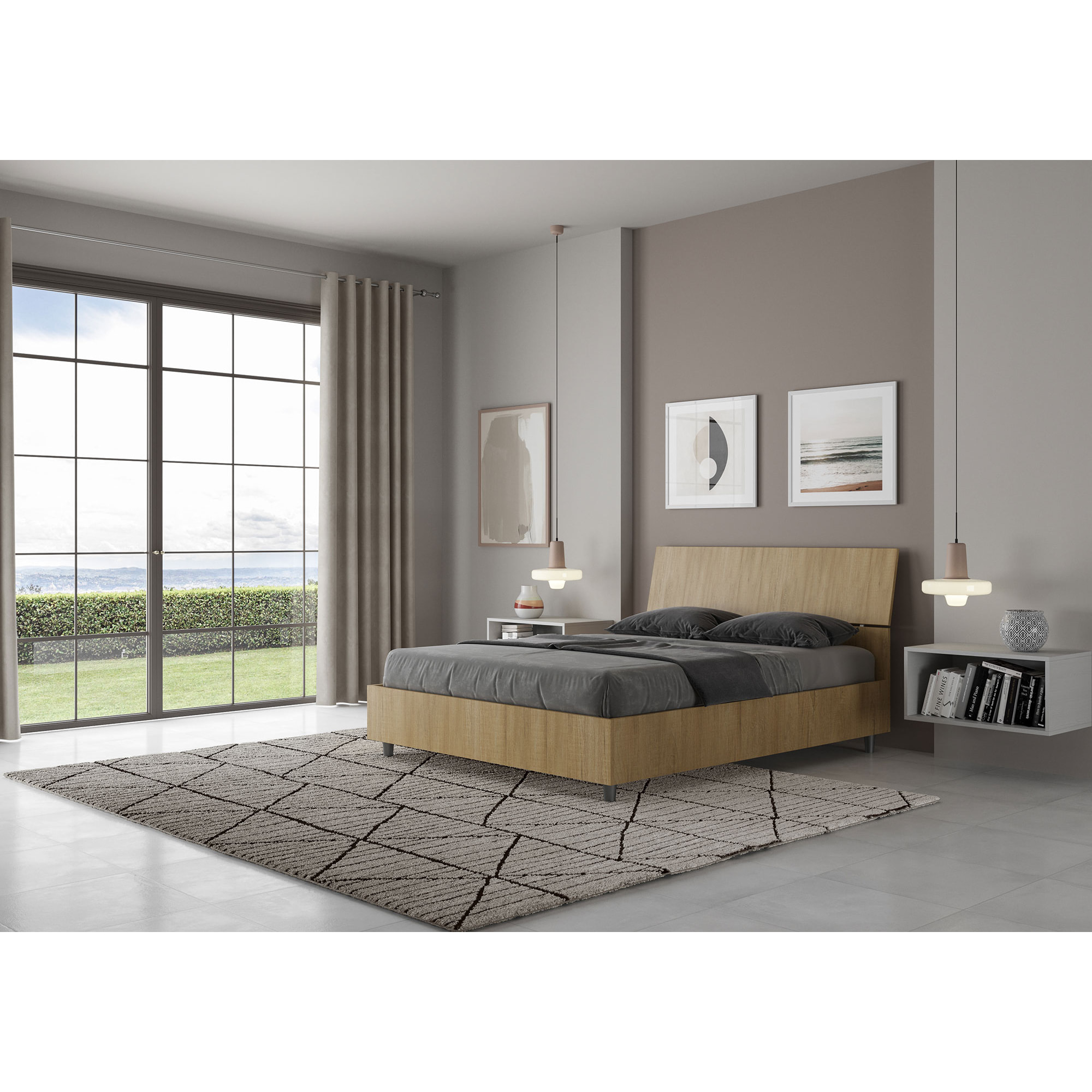 Lit double coffre 140x200 tête de lit inclinée chêne nature Demas