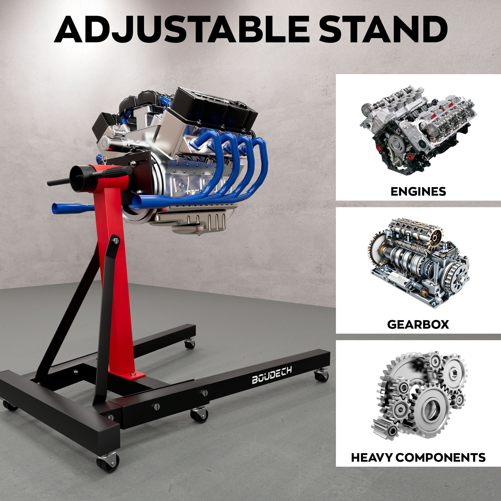 Keplero - Cavalletto di Sostegno per Motore max 900Kg in Acciaio Supporto con Bracci Girevoli 360° Nero