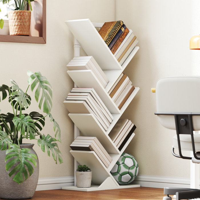 Librería en Forma de Árbol de 7 Niveles, Estantería de Libros con 7 Estantes, Estructura de Acero, para CD, DVD, Álbumes, Sala de Estar, Oficina, Estudio, Dormitorio, 50x24x109 cm, Blanco