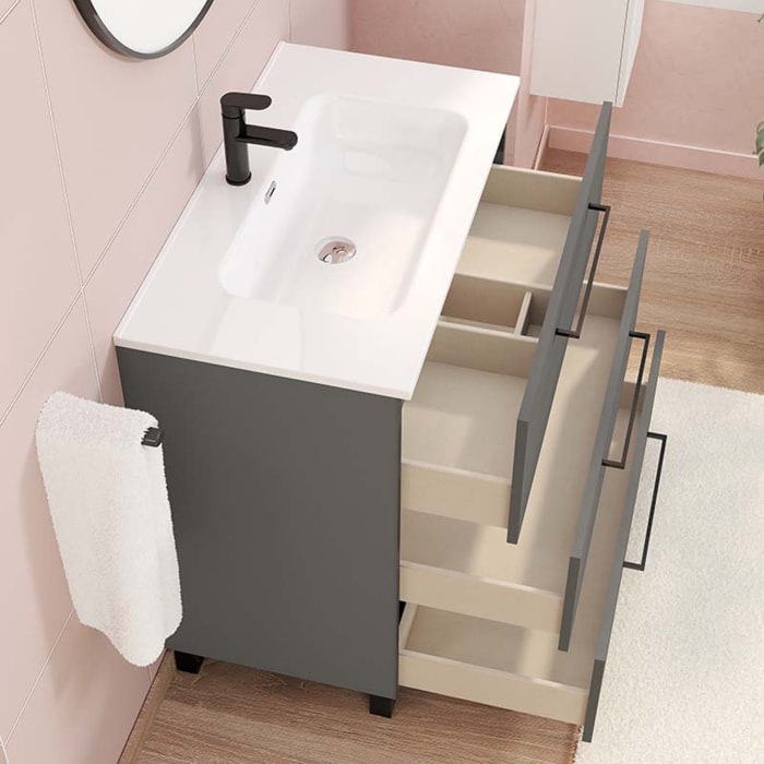 Conjunto de baño Haru | Mueble de baño con patas | 80 cm Gris Mate| Tres cajones | Lavabo encastrado | No incluye espejo | Alday