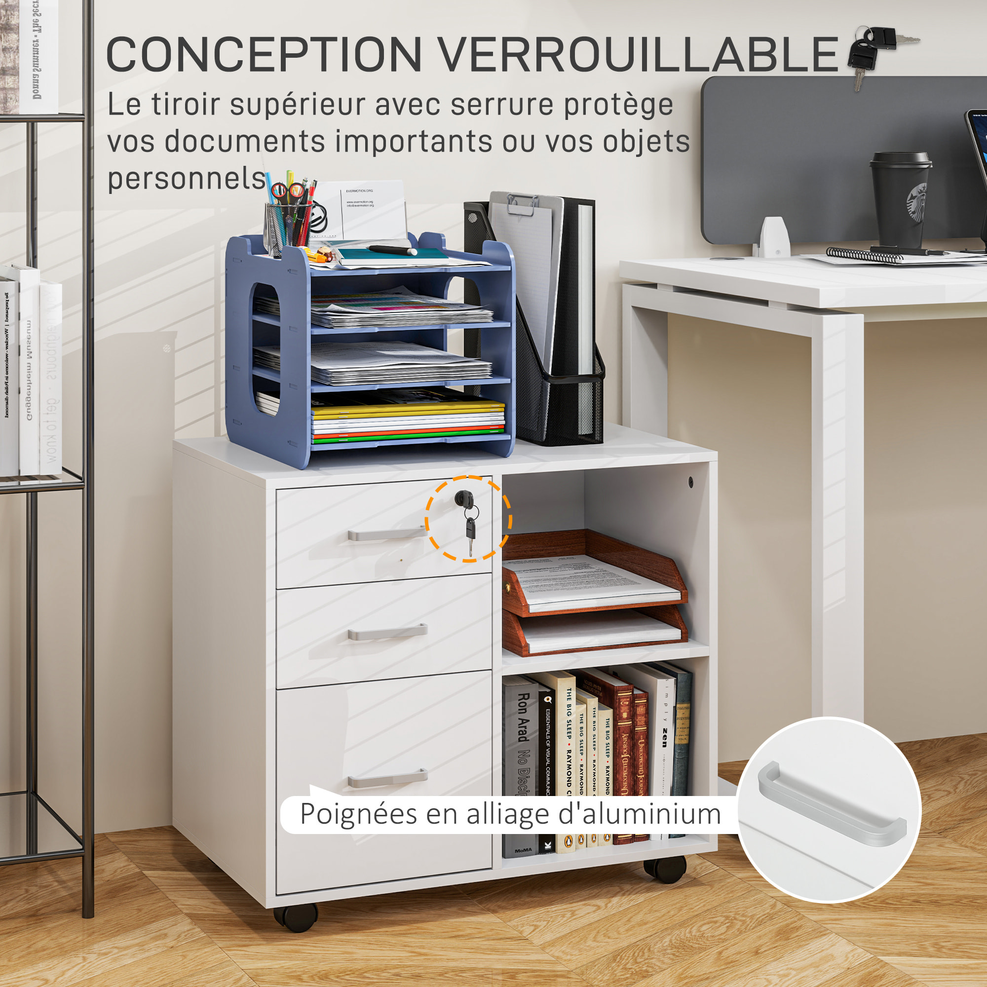 Meuble imprimante mobile - caisson de bureau - tiroir verrouillable + 2 tiroirs, 2 niches - blanc