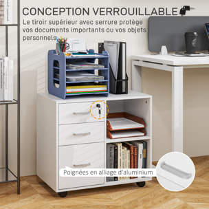 Meuble imprimante mobile - caisson de bureau - tiroir verrouillable + 2 tiroirs, 2 niches - blanc