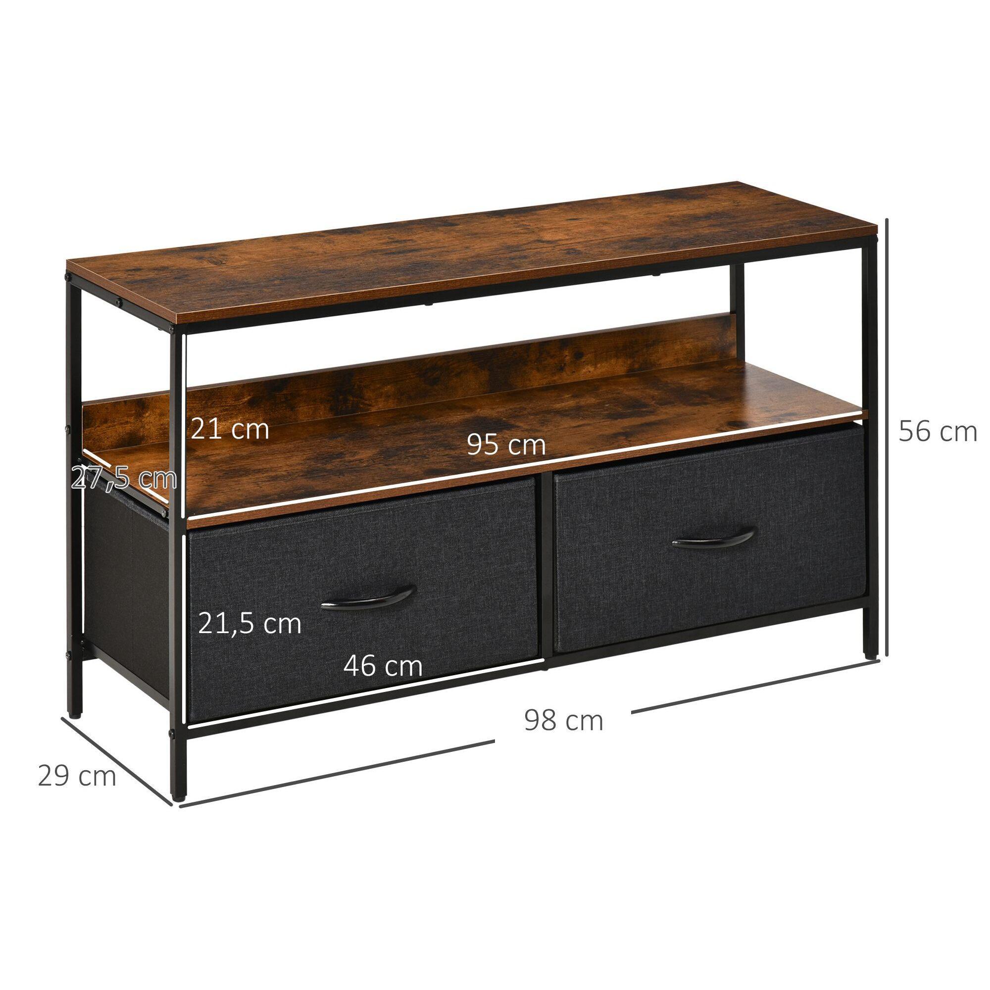 HOMCOM Mueble de TV de hasta 47'' Mesa de TV Estilo Industrial con Estante y 2 Cajones de Tela Plegables para Salón Dormitorio 98x29x56 cm Marrón Rústico y Negro