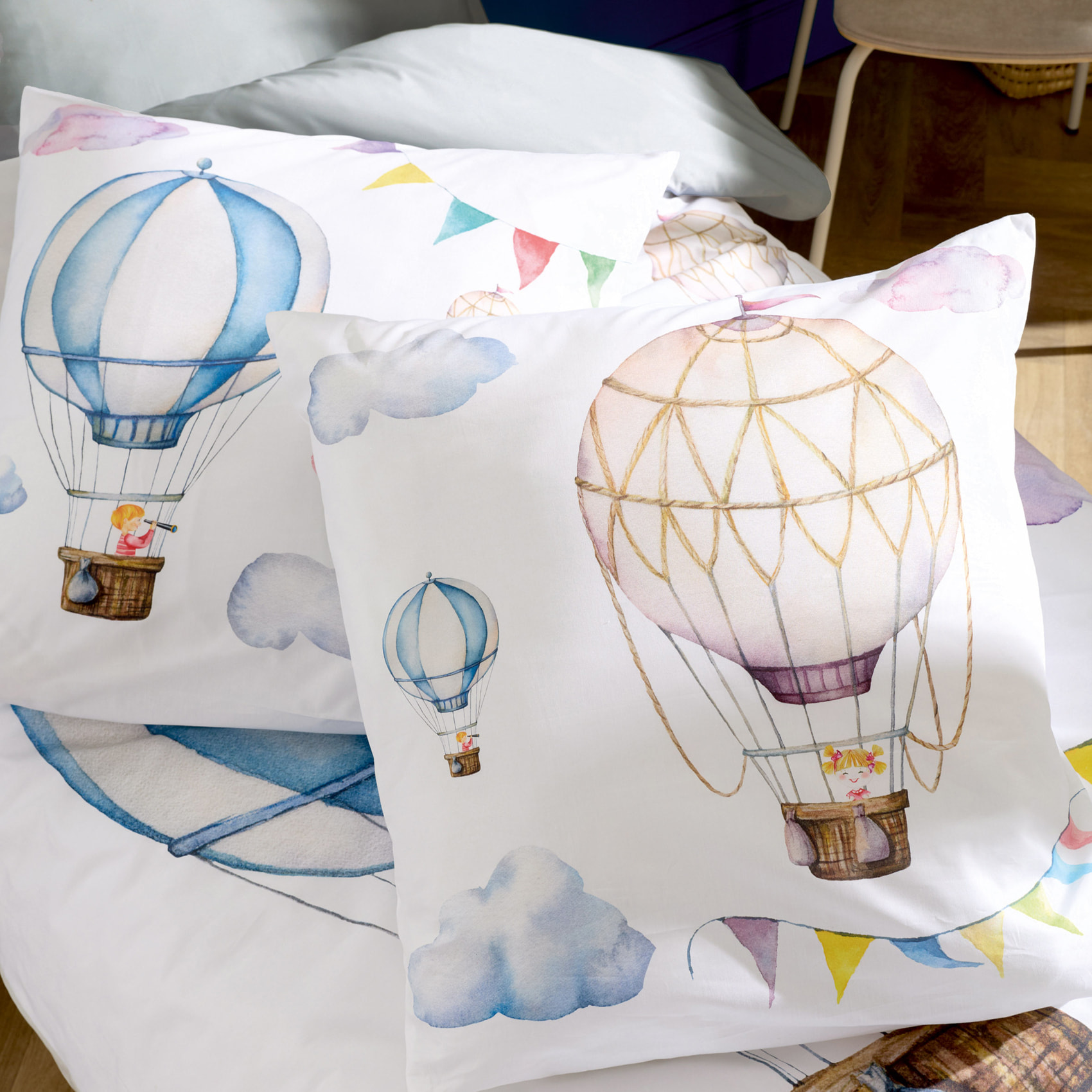 Housse de couette enfant percale de coton montgolfière - Bleu