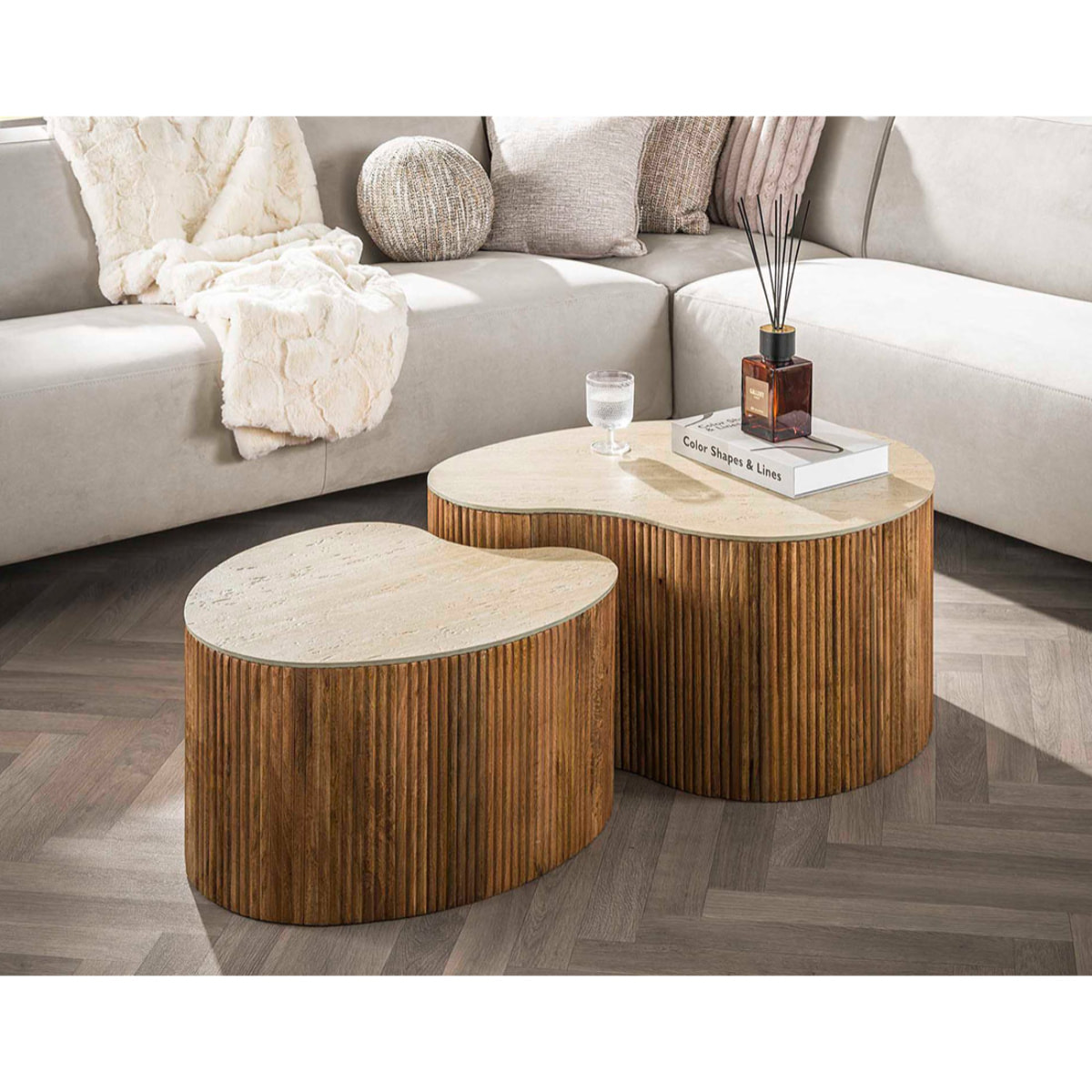 Jade - lot de 2 tables basses gigognes effet travertin - pieds en bois massif de manguier - 93 et 76 cm - Bois / Beige