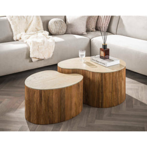 Jade - lot de 2 tables basses gigognes effet travertin - pieds en bois massif de manguier - 93 et 76 cm - Bois / Beige