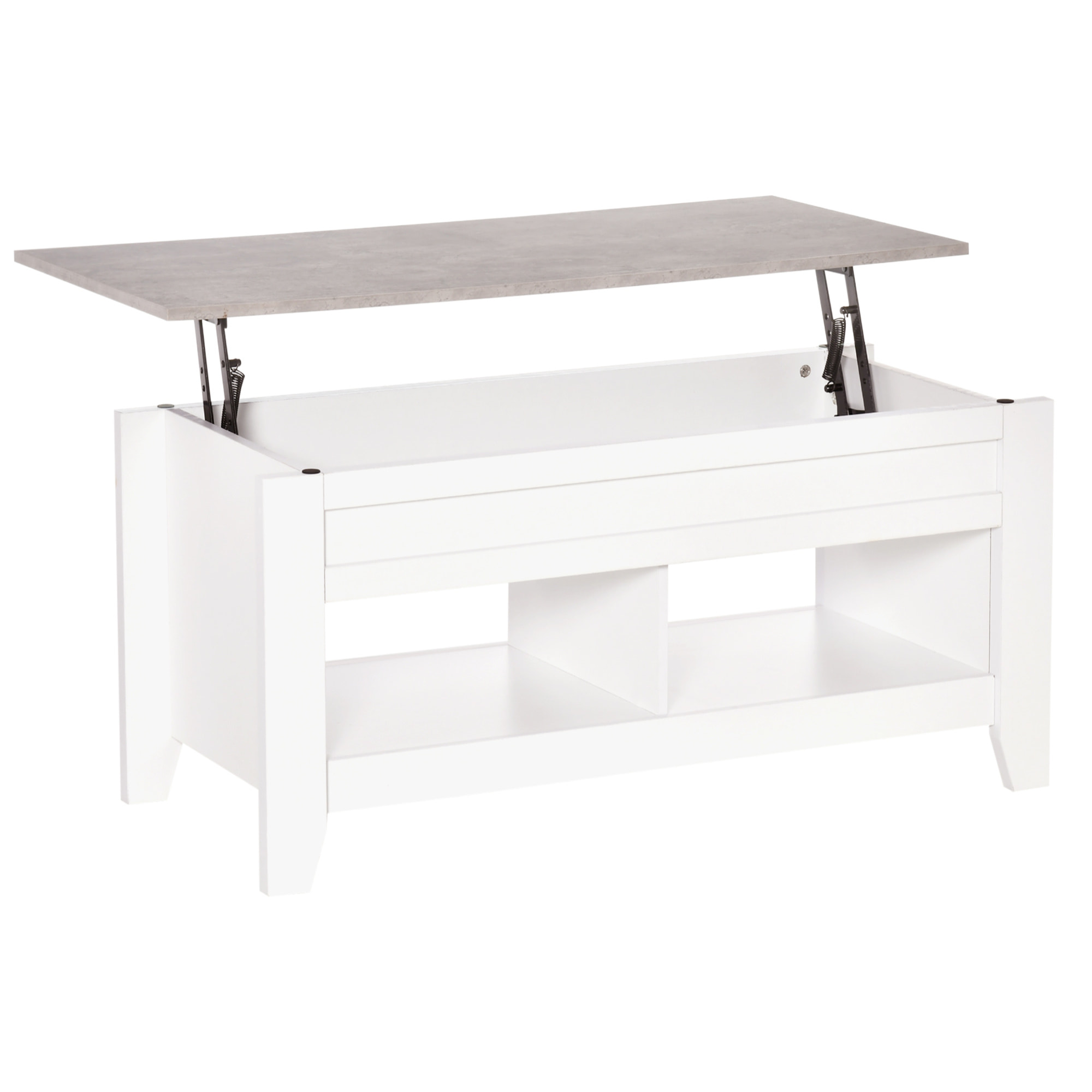 Table basse rectangulaire plateau relevable 2 niches et coffre panneaux particules blanc aspect marbre