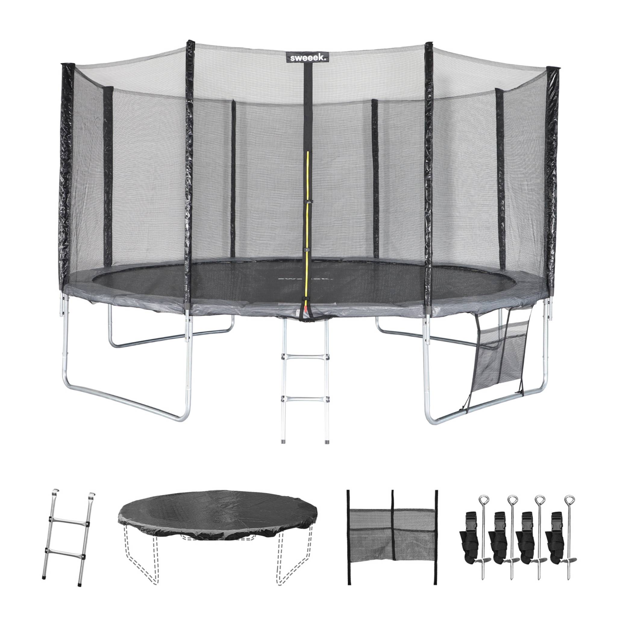 Trampoline 430cm gris avec filet de protection.  échelle. bâche. filet pour chaussures. kit d'ancrage - Vénus XXL- Trampoline de jardin 430 cm 4m| Qualité PRO|Normes EU