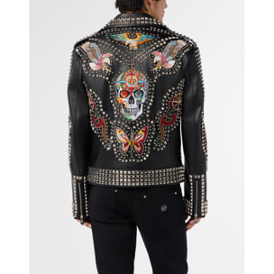 PHILIPP PLEIN Vintage Leather Biker Jacket Studs & Patches