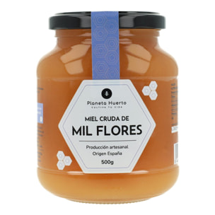 PLANETA HUERTO | Miel Cruda de Mil Flores 500 gr, Miel 100% Natural y Artesanal Sin Filtrar ni Pasteurizar - Miel Cruda Origen España con Polinización Silvestre de Fabáceas, Zarzas, Crucíferas y Labiadas