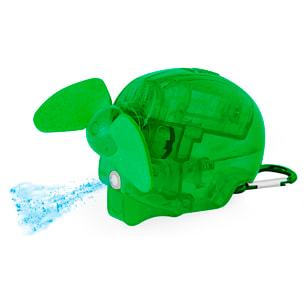 Ventilador vaporizador portátil con depósito de 35 ml y pulverización de agua. Incluye mosquetón para transportarlo cómodamente.