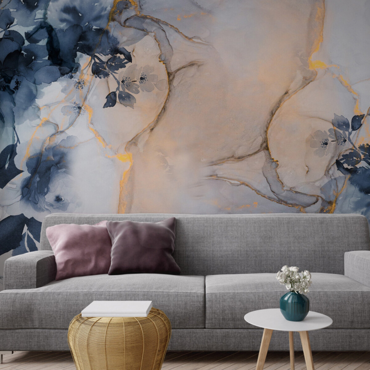 Papier peint panoramique Marble&Flowers XL - Un décor mural de 8 lés (384x275cm), créé et fabriqué en France