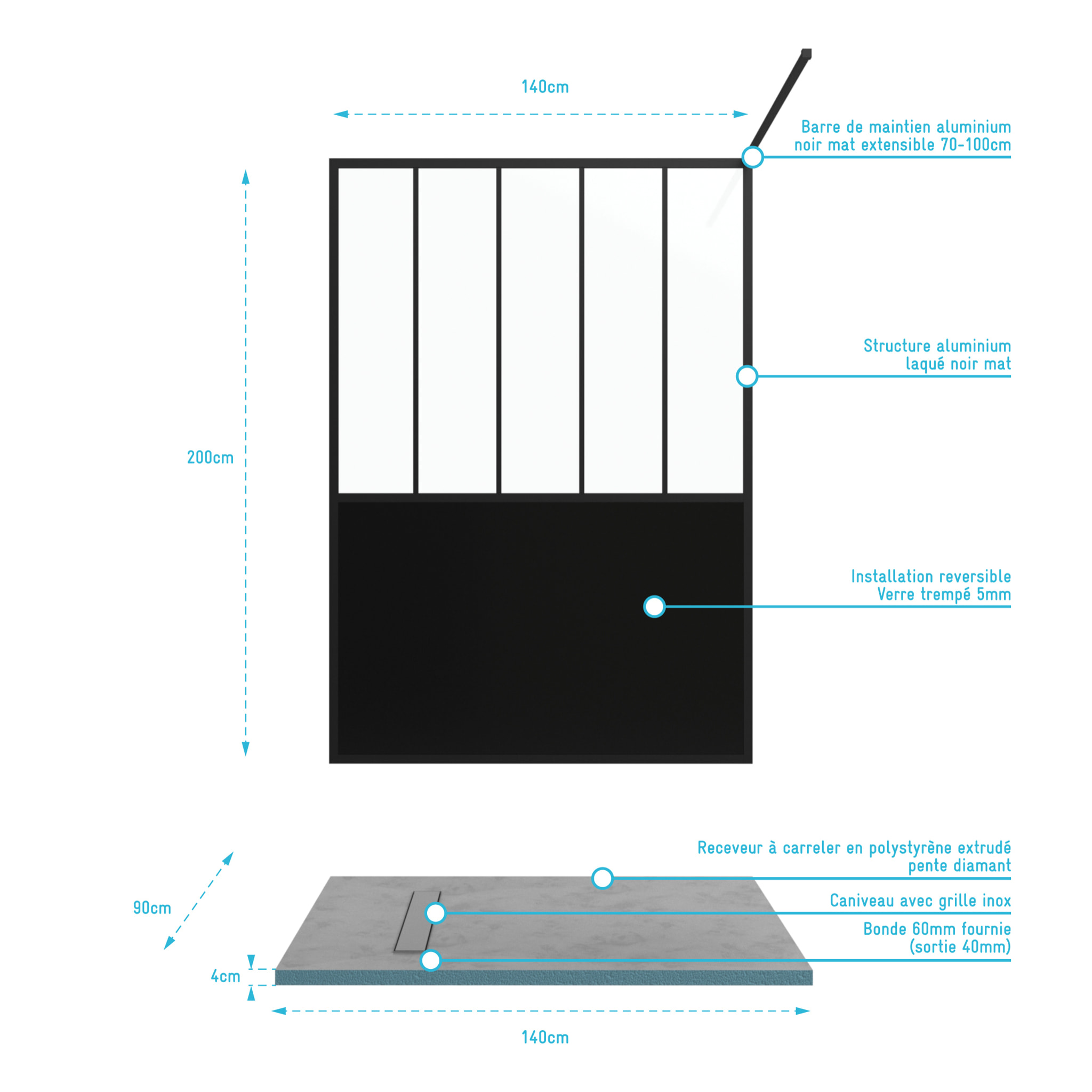 Pack Paroi de douche 140x200 cm noir mat + RECEVEUR DE DOUCHE A CARRELER 90x140CM RECOUPABLE