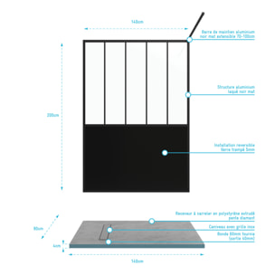 Pack Paroi de douche 140x200 cm noir mat + RECEVEUR DE DOUCHE A CARRELER 90x140CM RECOUPABLE