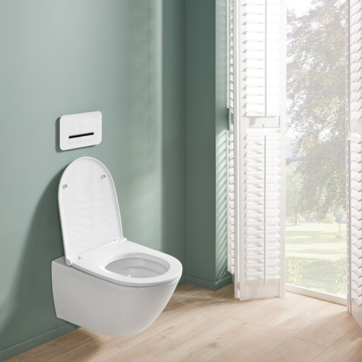 WC suspendu avec bride Universo TwistFlush blanc avec abattant