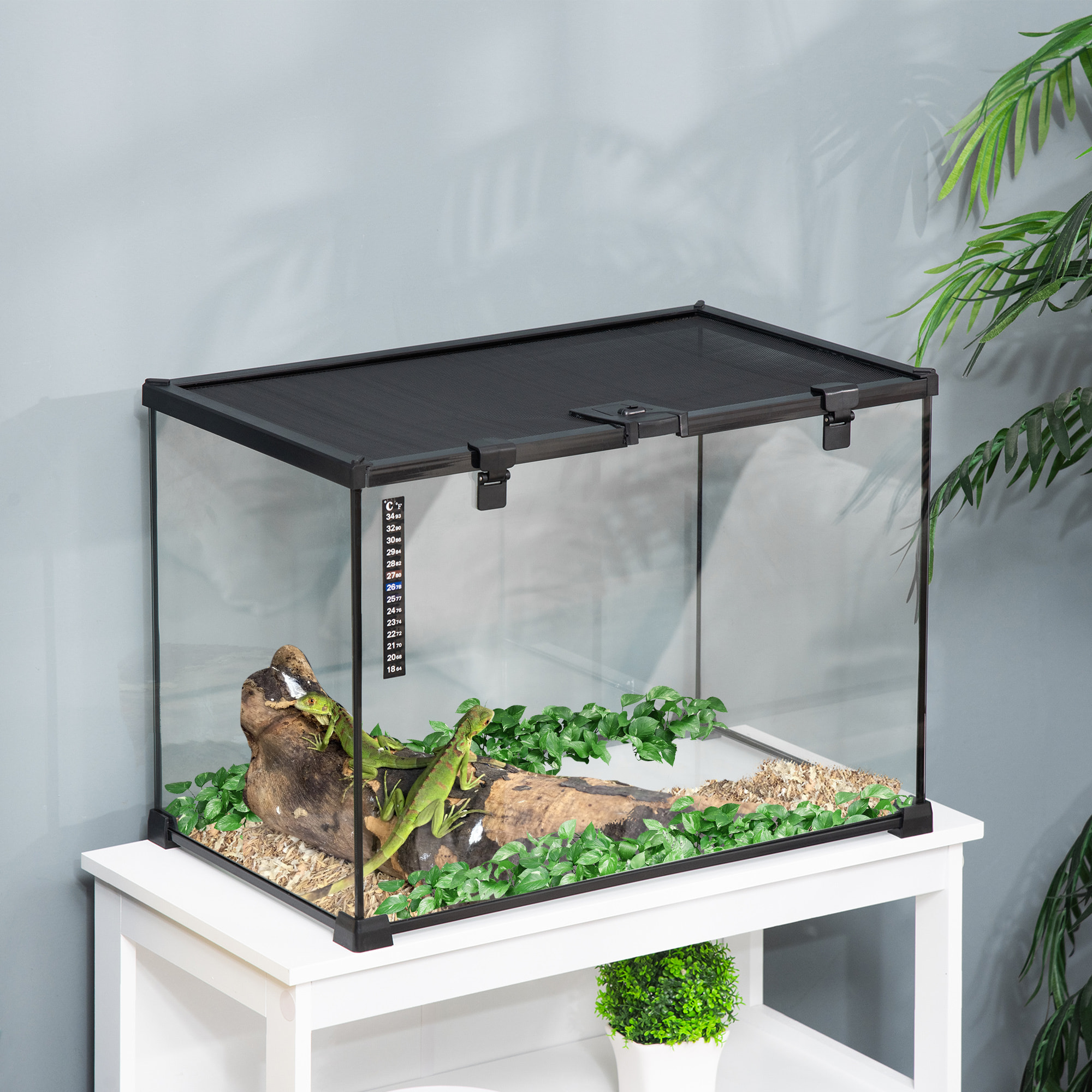 Terrarium en verre - vivarium reptiles & batraciens - habitat tortue - couvercle grillagé coulissant verrouillable - distributeur eau, thermomètre - métal noir verre