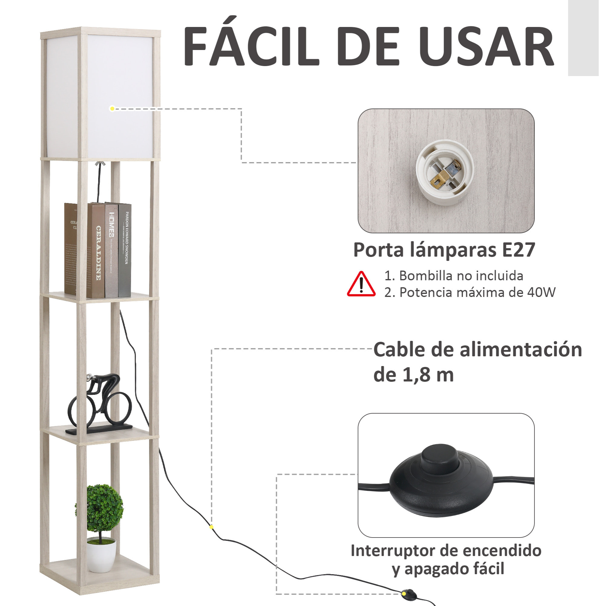 Lámpara de Pie de Madera con 3 Estantes de Almacenaje para Bombilla E27 Potencia Máx. 40W Lámpara Moderna para Salón Dormitorio 26x26x160 cm Roble y Blanco