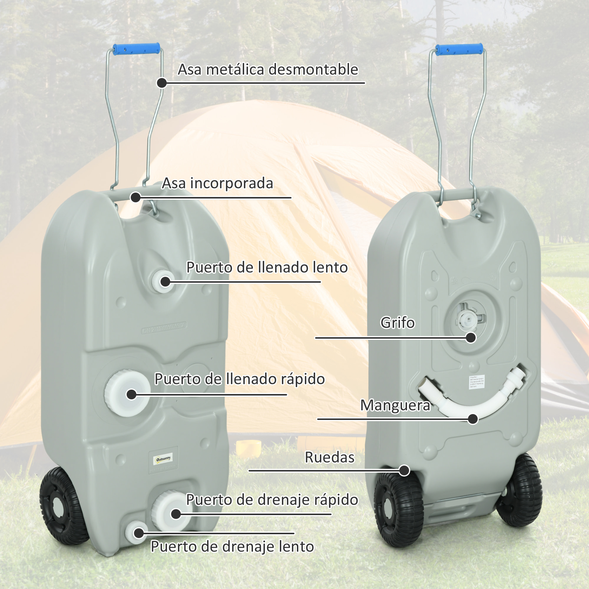 Contenedor de Agua 40 L con Ruedas Tanque de Agua Portátil con Manija Metálica y Grifo para Caravanas Autocaravanas Camping al Aire Libre