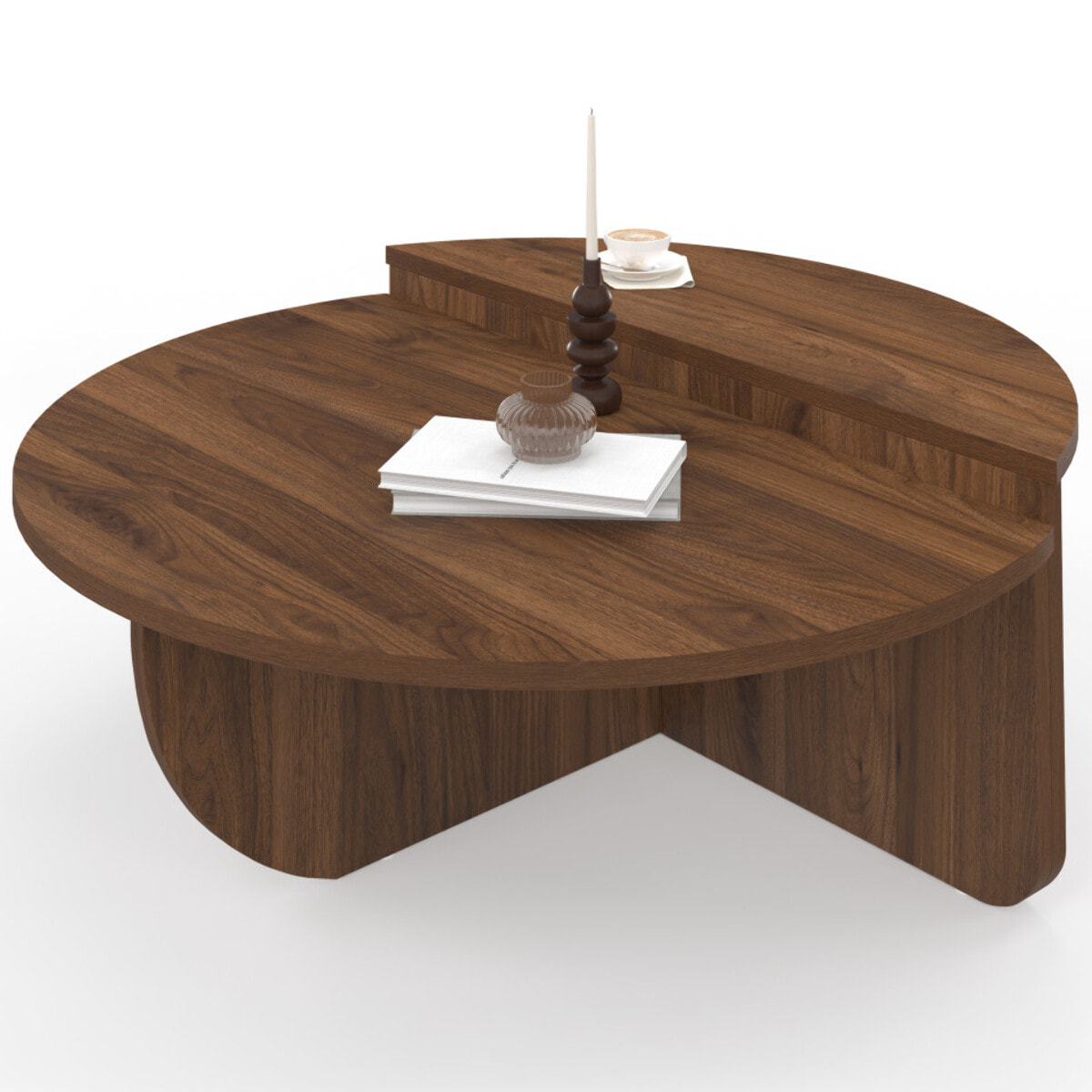 Tables basses rondes asymétriques effet bois noyer