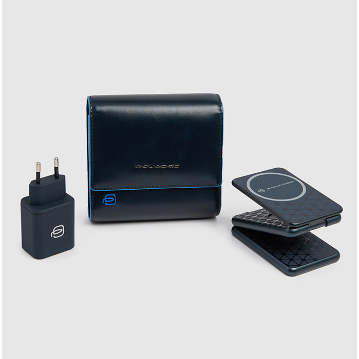 Piquadro Astuccio in pelle con caricabatterie 3in1 15W pieghevole e adattatore GaN 45W