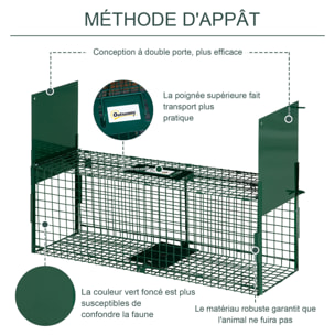 Piège de capture pour petits animaux type lapin rat - 2 entrées + poignée - dim. 80L x 25l x 30H cm - métal vert