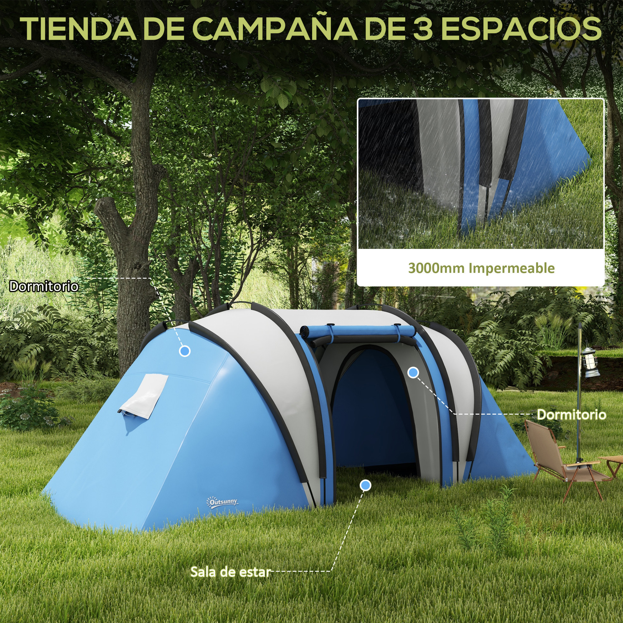 Tienda de Campaña Familiar para 4-5 Personas Tienda de Acampada de Túnel Impermeable 3000 mm con 2 Dormitorios Bolsa de Transporte y Gancho para Pescar Senderismo Azul