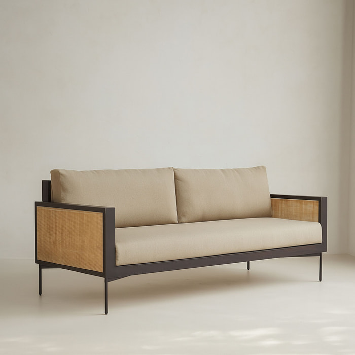 Canapé 3 places en tissu taupe structure en rotin et bois  TONKIN