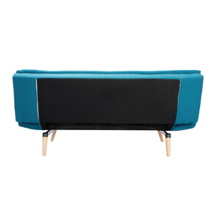 Canapé convertible scandinave 3 places en tissu bleu canard et bois clair SENSO