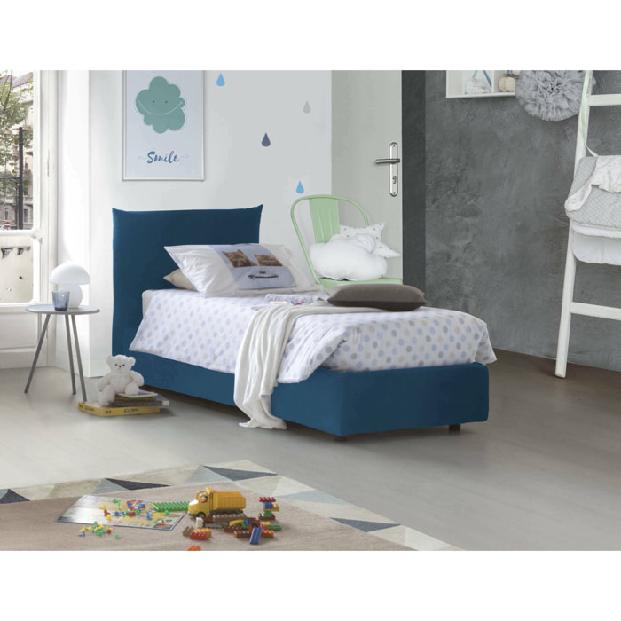 Letto singolo Cosetta, Letto contenitore con rivestimento in tessuto, 100% Made in Italy, Apertura laterale, con materasso Cm 80x190 incluso, Blu