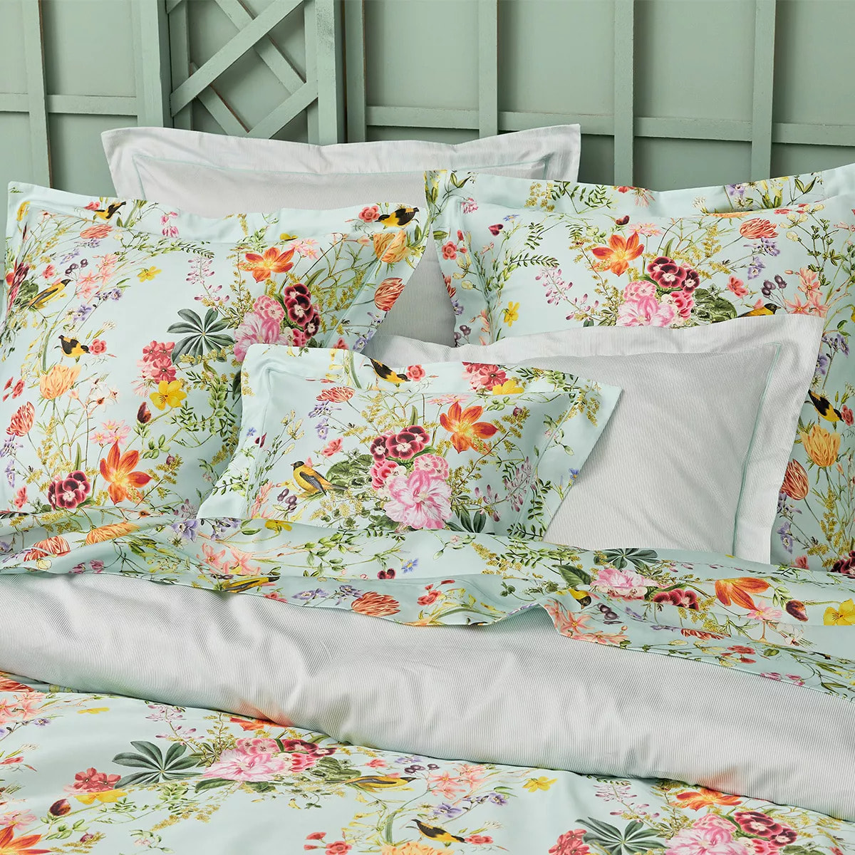 Taie d'oreiller satin de coton imprimé multicolore Primavera vert d'eau