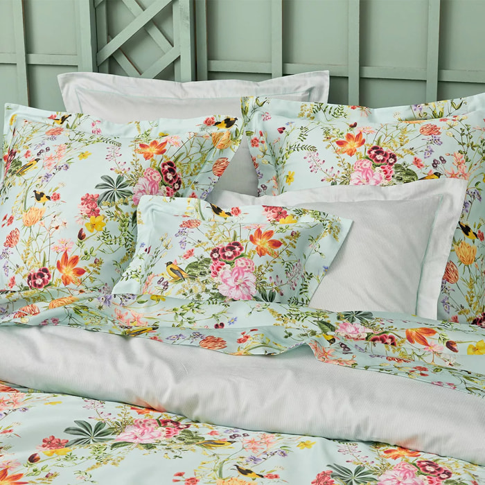 Taie d'oreiller satin de coton imprimé multicolore Primavera vert d'eau