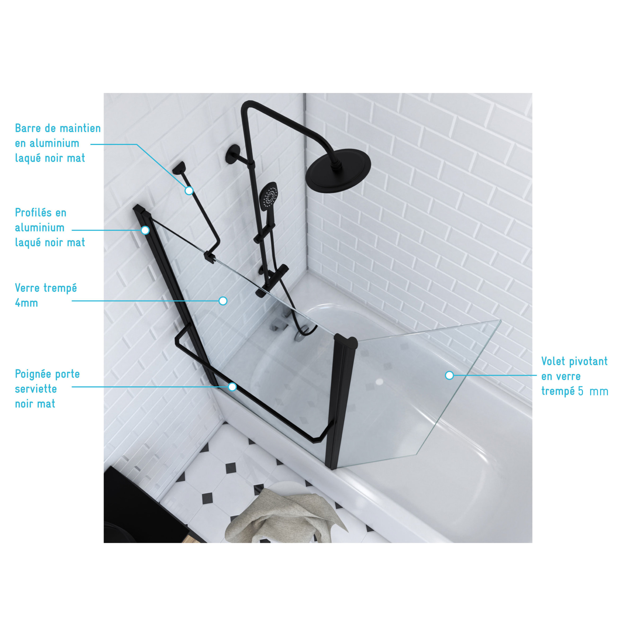 PARE BAIGNOIRE AVEC VOLET PIVOTANT 130x105cm PROFILE ALUMINIUM NOIR MAT ET VERRE TRANSPARENT