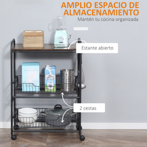 Carrito Auxiliar con Ruedas Carrito Verdulero de 3 Niveles Carrito de Cocina con 2 Cestas y 4 Ganchos para Comedor Salón 60x38x85,5 cm Marrón Rústico