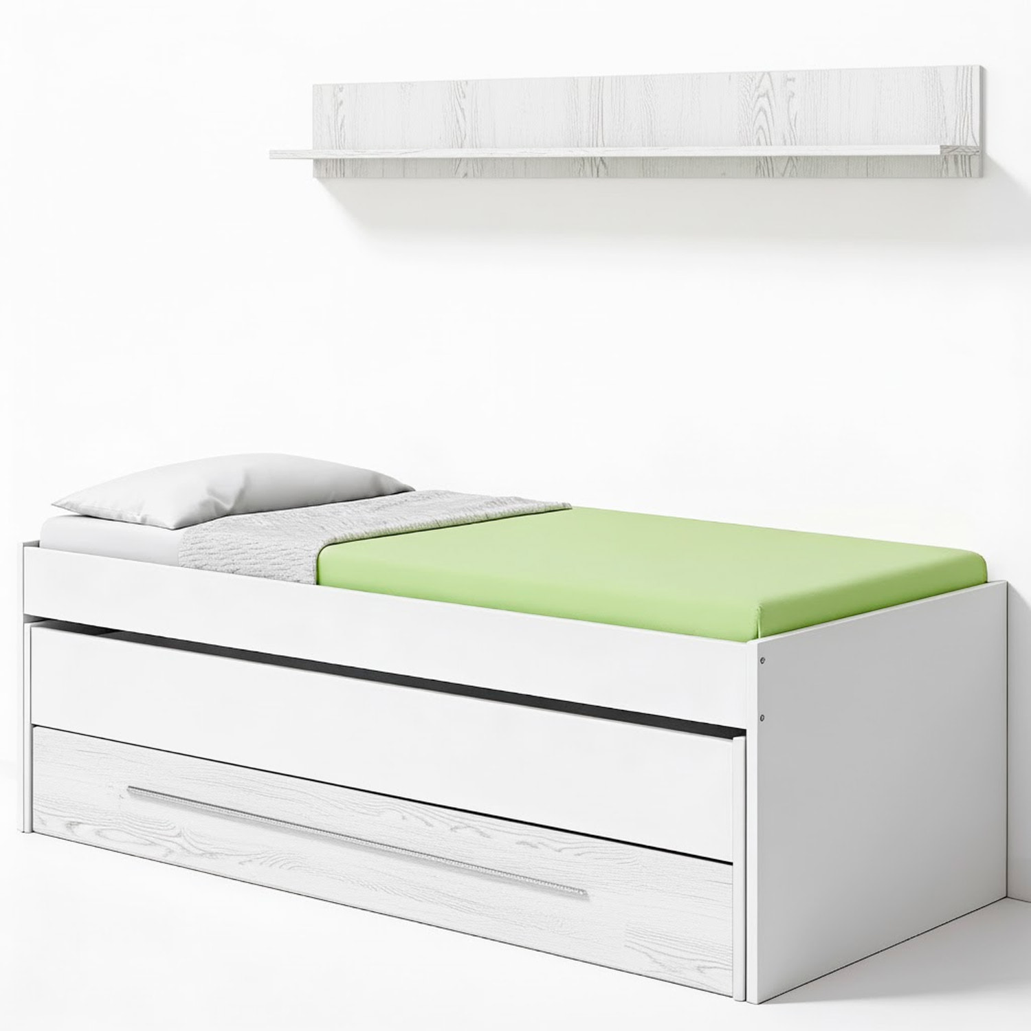 Letto A Castello Salvaspazio Con Letto Estraibile Cassetto E Mensola Design Nordico Ideale Per Camerette  65×199×96 Cm Bianco e Bianco Effetto Legno