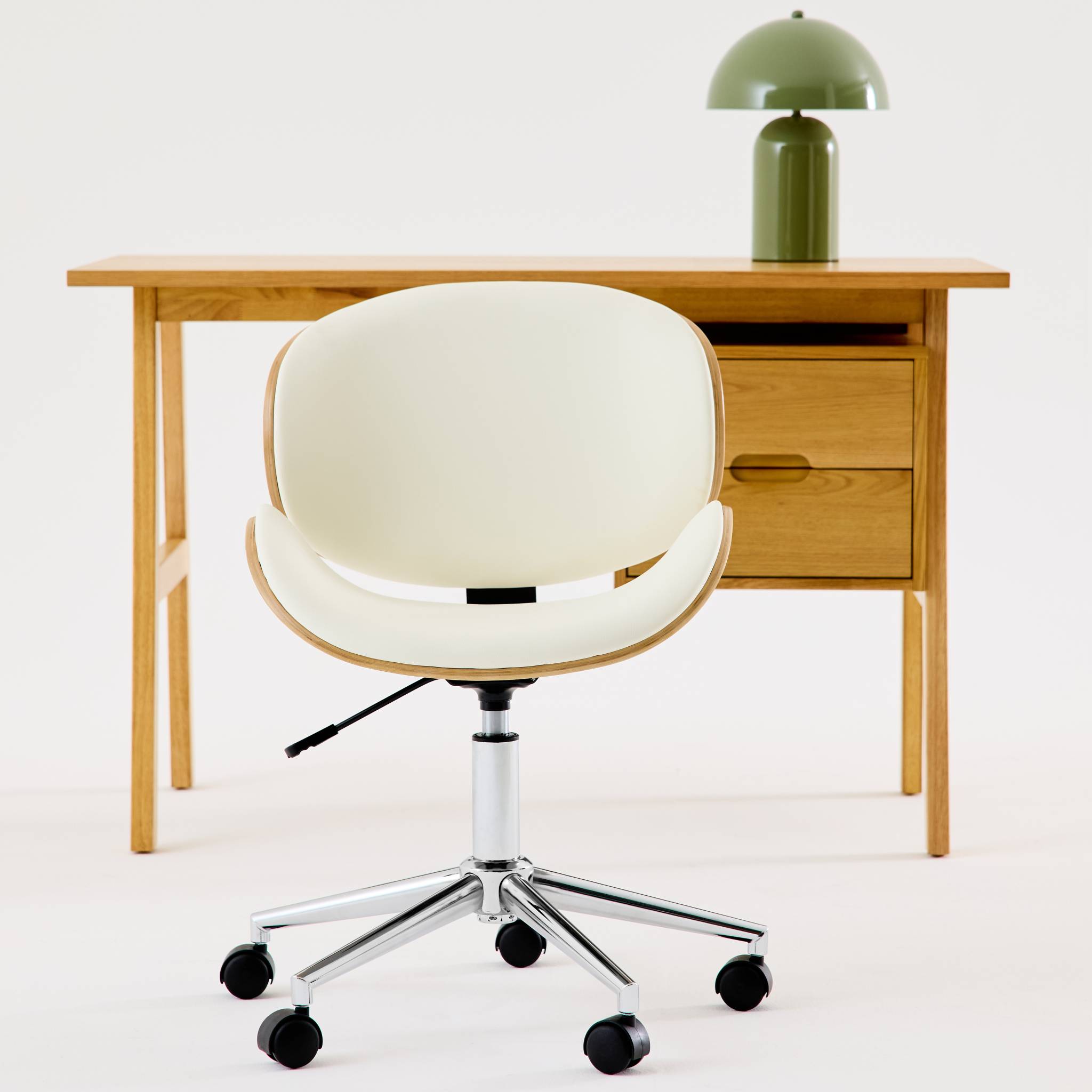 Chaise de bureau à roulettes décor bois courbé et simili cuir DWIGHT