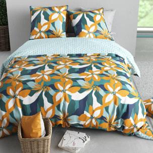 Parure housse de couette imprimé 100% percale de coton - flore - orange