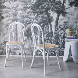 Lot de deux chaises vintage en bois avec assise en rotin et dossier arrondi coloris blanc